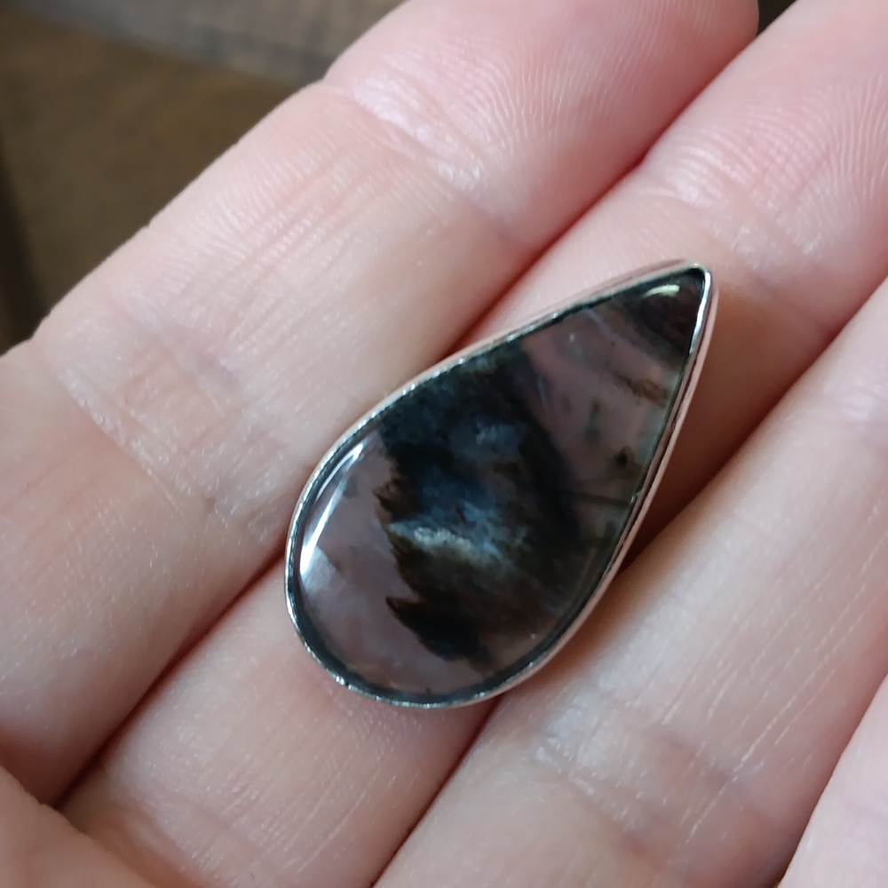 Hand Crafted Silver Plated Stick Agate Gemstone Teardrop Ring Size 8.75